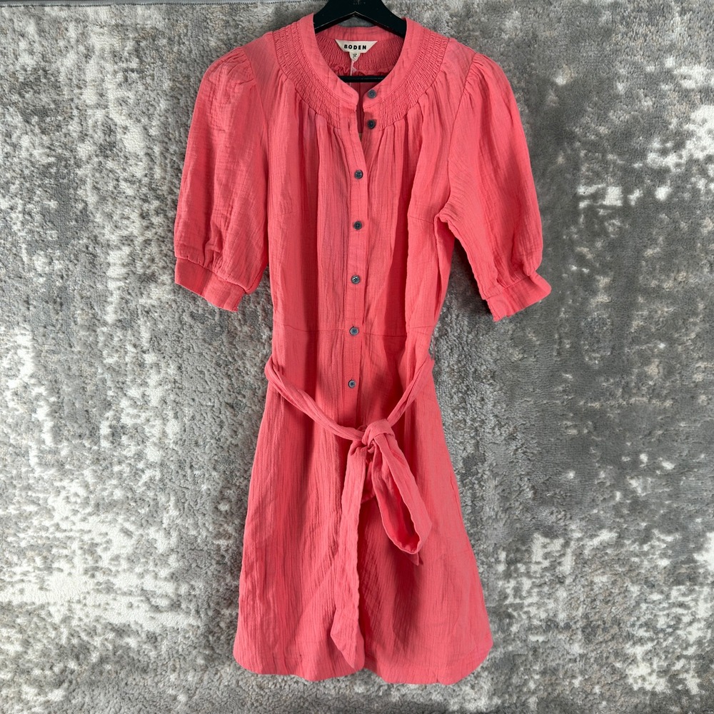 New Boden Sz 6 Ada Double Cloth Gauze Belted Shirt Dress Pink Short Sleeve Women